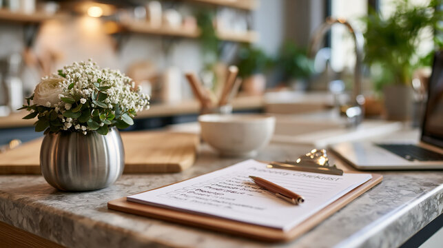 A clipboard with a property checklist resting on the kitchen counter of a newly purchased apartment, property manager setup, realtor concept, apartment showing, mortgage signing,