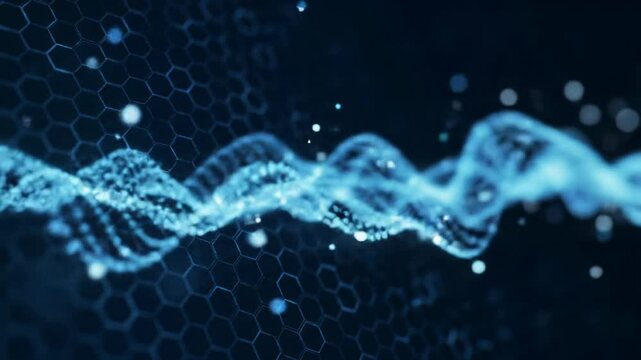 A vibrant, self-illuminated glowing blue waveform pulses, creating evolving patterns against a dark digital background with hexagonal grids and light particles. Smooth dolly video with shallow depth
