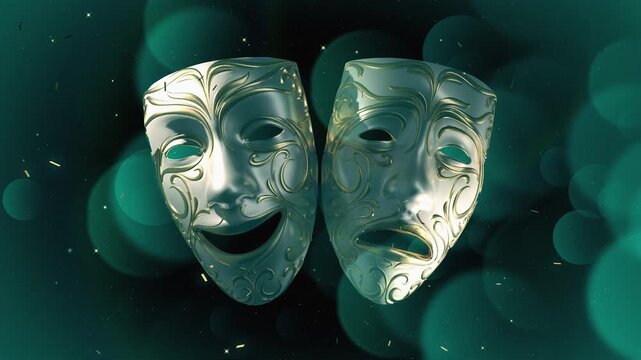 Classic gilded comedy and tragedy theater masks dramatically spotlit on a proscenium stage,ideal for theatrical videos