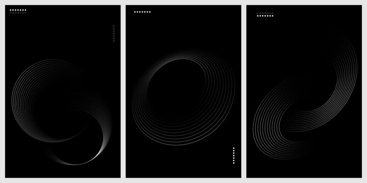 Minimal abstract spiral line posters with geometric circular patterns on black background set