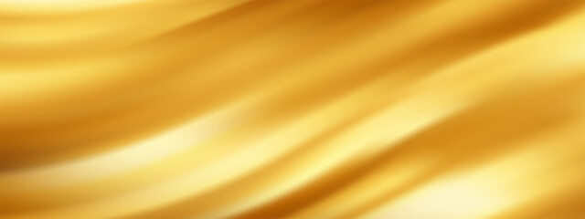 Silk metal cloth and liquid background ribbon with gold satin fabric. Golden vector glitter and shiny paper motion with render fold foil. Velvet silk yellow and champagne liquid fluid. © Rina Antipina
