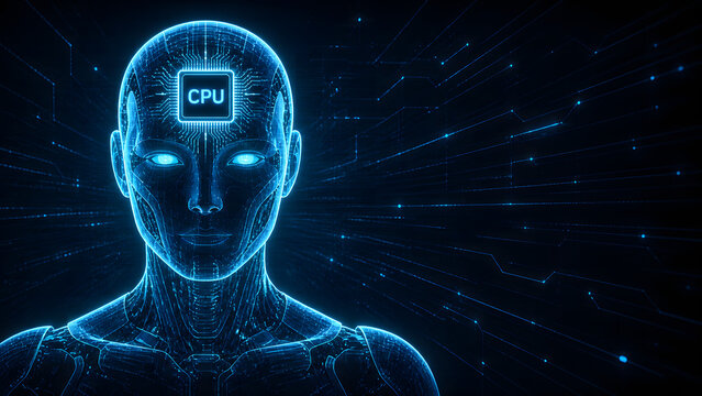 Blue AI Robot Face with CPU Processor Technology