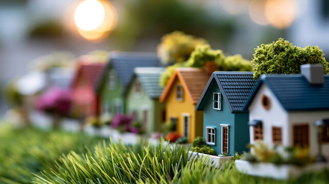A row of tiny model houses lined up on a green grass mat under soft daylight, model houses, green grass, real estate concept, residential row, miniature, neighborhood concept,