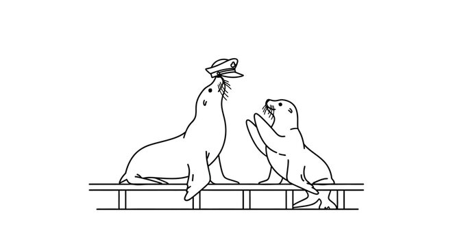 Two Playful Sea Lions Balancing a Hat on Their Nose.