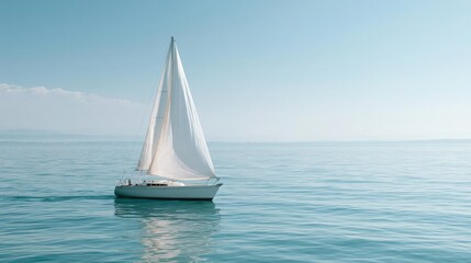 Fototapeta premium Sailboat sailing on the ocean. the boat is white and has a large white sail that is billowing in the wind. the sailboat is gliding across the water, with the horizon visible in the background.