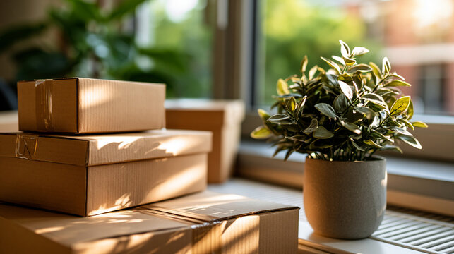 A pile of cardboard moving boxes stacked beside a leafy potted plant by a bright apartment window, moving in, new home, cardboard boxes, sunny window, fresh start, plant, hopeful