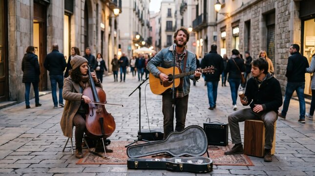 Street musicians performing in a European city.