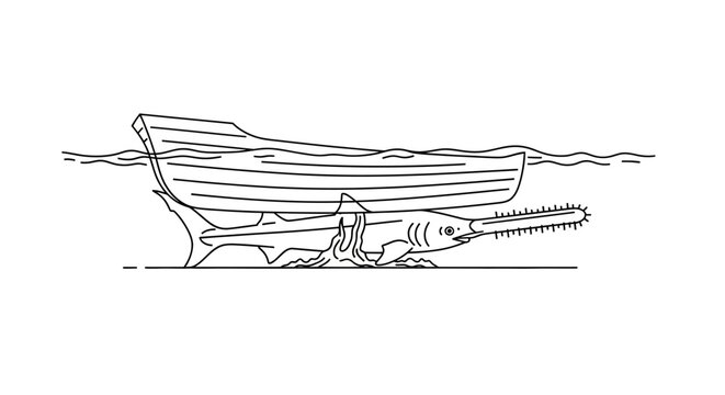 Unique illustration of a sawfish supporting a wooden boat in the water.