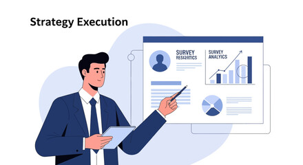 Obraz premium Business Man Presents Strategy Execution with Analytics on Screen