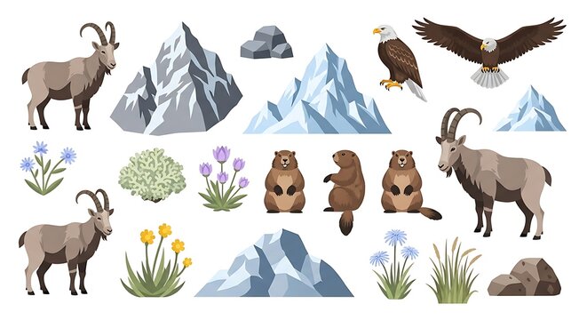 Set of alpine mountain animals, flowers, and snowy peaks illustrations