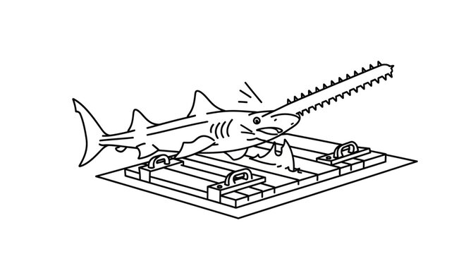 Unique Sawfish Illustration Depicting Marine Life and Aquatic Creatures.