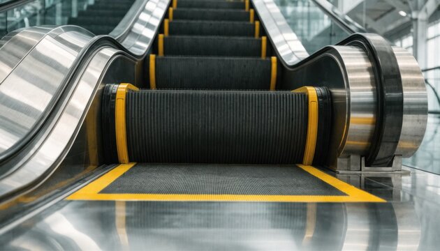 Closeup medium shot of a clean escalator step showing bright yellow safety demarcation lines and pristine comb plates emphasizing meticulous maintenance and passenger safety.