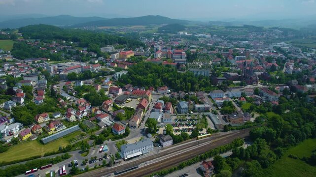 Aerial view of the village Cham in Germany, on a cloudy day in spring.