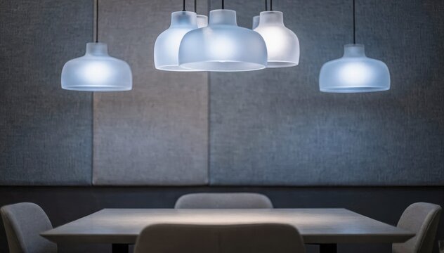 Focused view of cooltoned pendant lights above a restaurant table with blurred acoustic panels in the background emphasizing a calming and quiet dining ambiance.