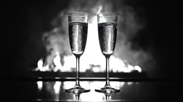 Black and white shot of two champagne flutes filled with bubbles in front of a fireplace