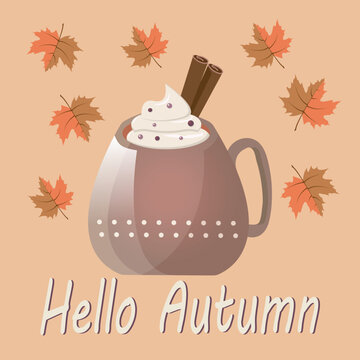Autumn greeting card, cup of coffee and leaves, vector illustration.