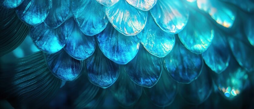 Vibrant blue scales texture close up of glistening overlapping scales pattern