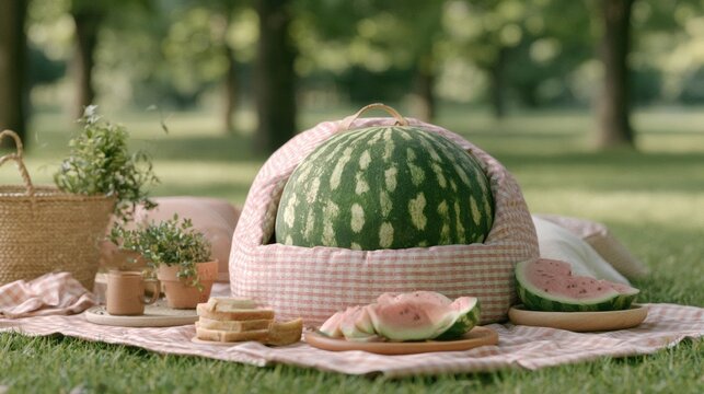 Picnic scene in a park or garden. there is a large watermelon in the center of the image, wrapped in a pink and white checkered blanket.