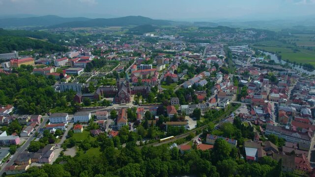 Aerial view of the village Cham in Germany, on a cloudy day in spring.