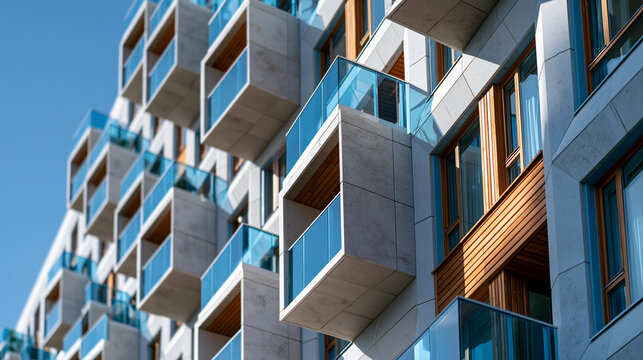 A close up of a building facade with a repetitive pattern of windows and balconies under bright sky, abstract architecture, repetitive windows, urban design, city development,