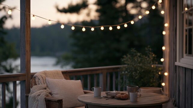 Wooden porch with a table and two chairs on it. the porch is decorated with string lights hanging from the ceiling, creating a warm and cozy atmosphere.