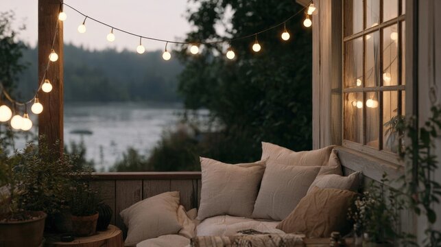 Cozy outdoor seating area on a porch with a beautiful view of a lake. the porch is decorated with string lights hanging from the ceiling, creating a warm and inviting atmosphere.