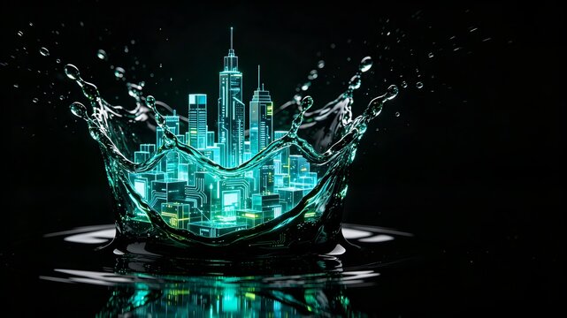 Macro high speed drop crystallizing into glowing neon circuitry structure