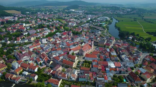 Aerial view of the village Cham in Germany, on a cloudy day in spring.