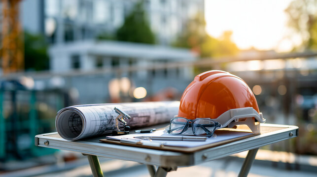 A roll of architectural blueprints, a hard hat and a clipboard on a folding table at a building site, construction inspection, blueprint analysis, building site, hard hat,