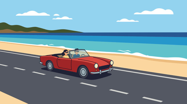 Red Convertible Sports Car Driving.