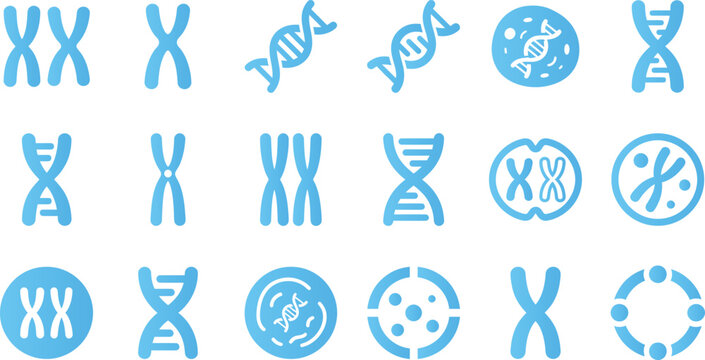 Blue icons and graphics representing DNA, chromosomes, and cell division for science and genetics.