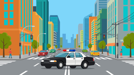 Police Car on City Street Scene. © ghina