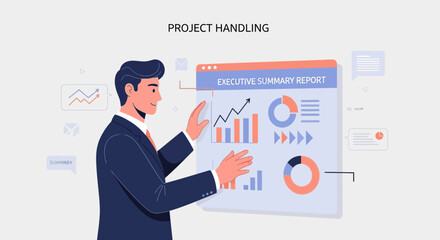 Obraz premium Businessman analyzing executive summary report with charts and graphs