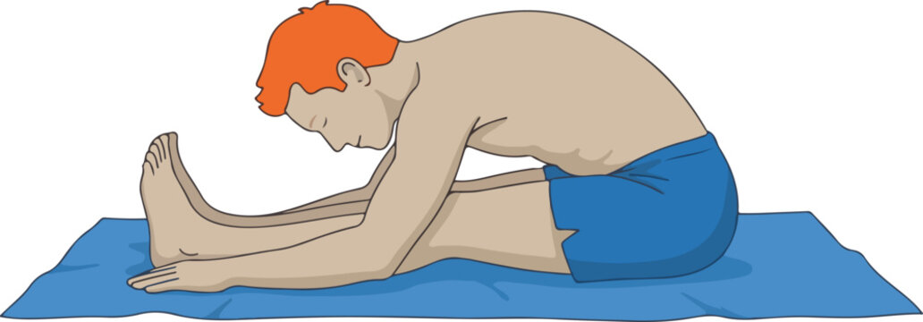 Man doing seated forward bend yoga pose on yoga mat with orange hair