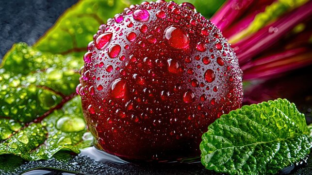 Fresh beetroot with leaves on black stone background.