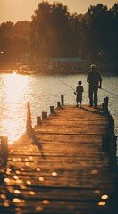 Obraz premium Grandfather and grandson fishing on a wooden pier on a lake, enjoying a peaceful summer evening. photo. bokeh