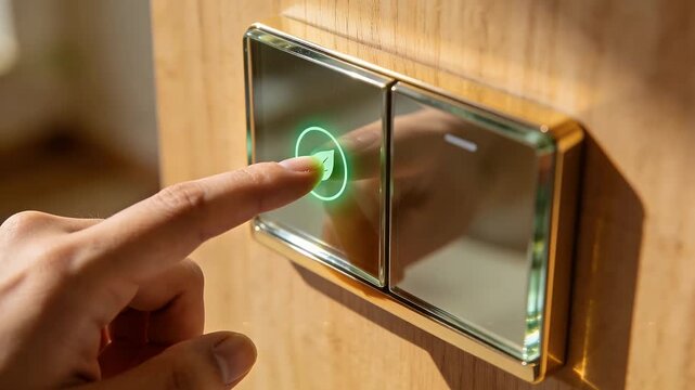 A person's finger pressing a modern smart light switch with a green glow on a wooden wall.