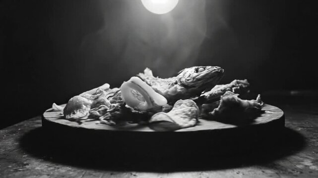 Black and white still life of fish and squid rings presented on a wooden platter in dim light