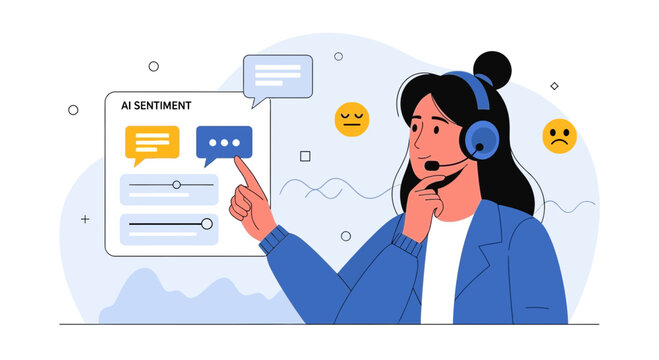 AI sentiment analysis graphic: woman with headset examining feedback