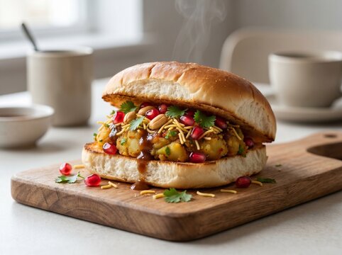 Authentic Kutchi Dabeli Served on Rustic Wooden Board