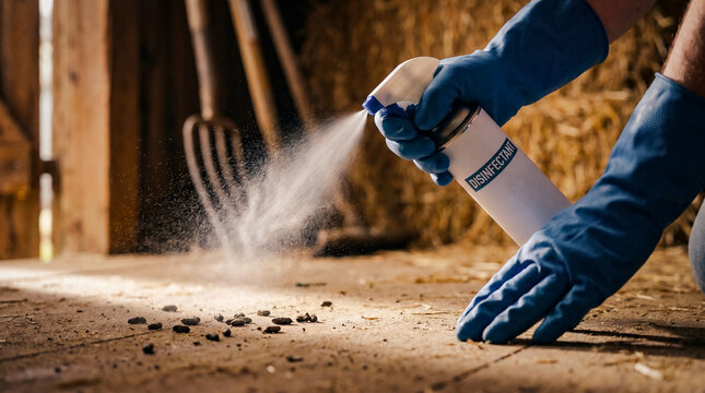 Person using aerosol spray to sanitize rodent droppings in barn , Hantavirus Pulmonary Syndrome (HPS) concept