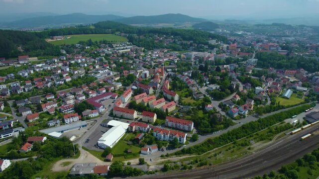 Aerial view of the village Cham in Germany, on a cloudy day in spring.