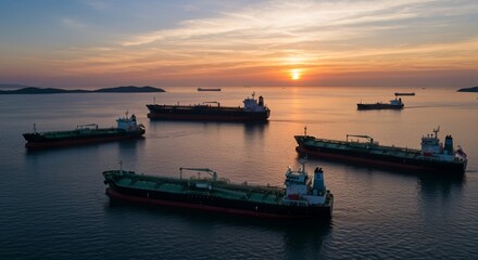 Obraz premium Stunning aerial view of oil and gas tankers docked offshore at sunset with silhouette effects