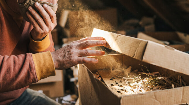 Man inspecting dusty box with rodent droppings in attic environment - Concept of Hantavirus Pulmonary Syndrome (HPS)