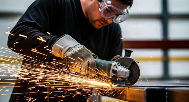 Man grinding metal while wearing safety goggles in workshop  