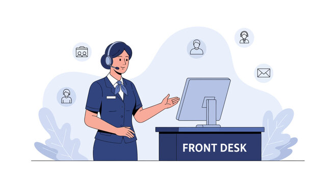 Customer service agent at front desk with computer and communication icons