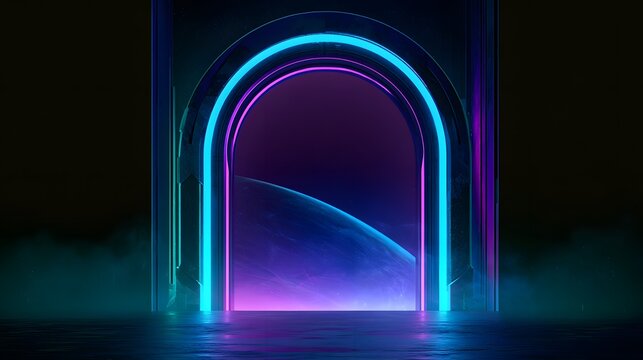 Futuristic portal reveals alien world through glowing archway cinematic digital art
