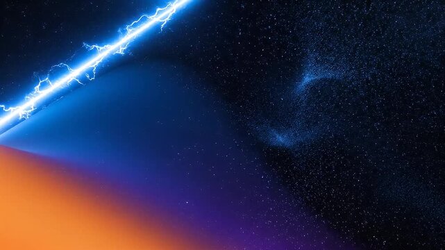Blue lightning beam strikes orange planet surface in starry space