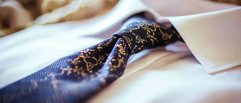 Close up of blue gold patterned tie knotted on white shirt