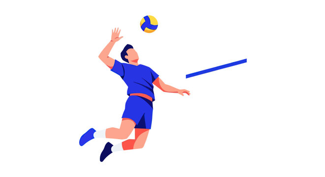 Energetic male volleyball player jumping to spike the ball.